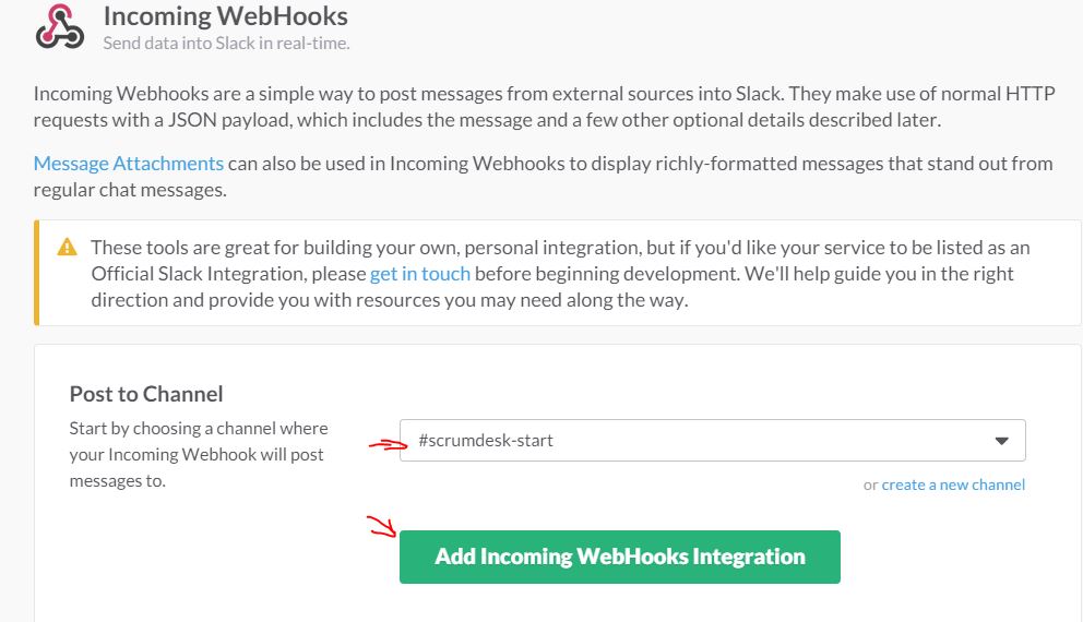 scrumdesk slack channel integration webhook configuration set