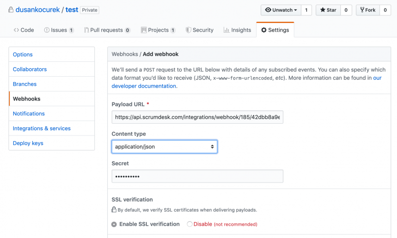 ScrumDesk GitHub webhook integration setup