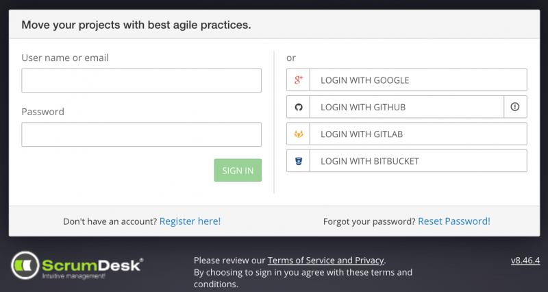 Login to ScrumDesk via GitLab, GitHub, BitBucket