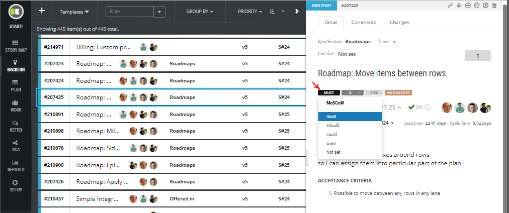 scrumdesk scrum product backlog user story map prioritization owner agile moscow must should could won't