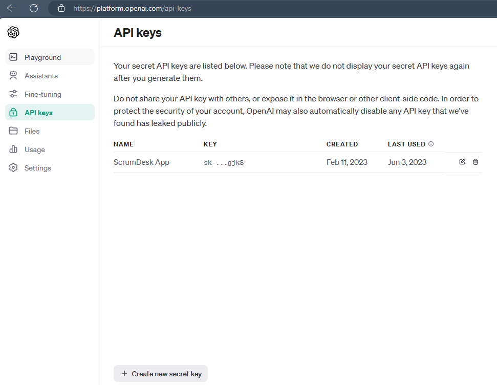 scrumdesk openai new secret key