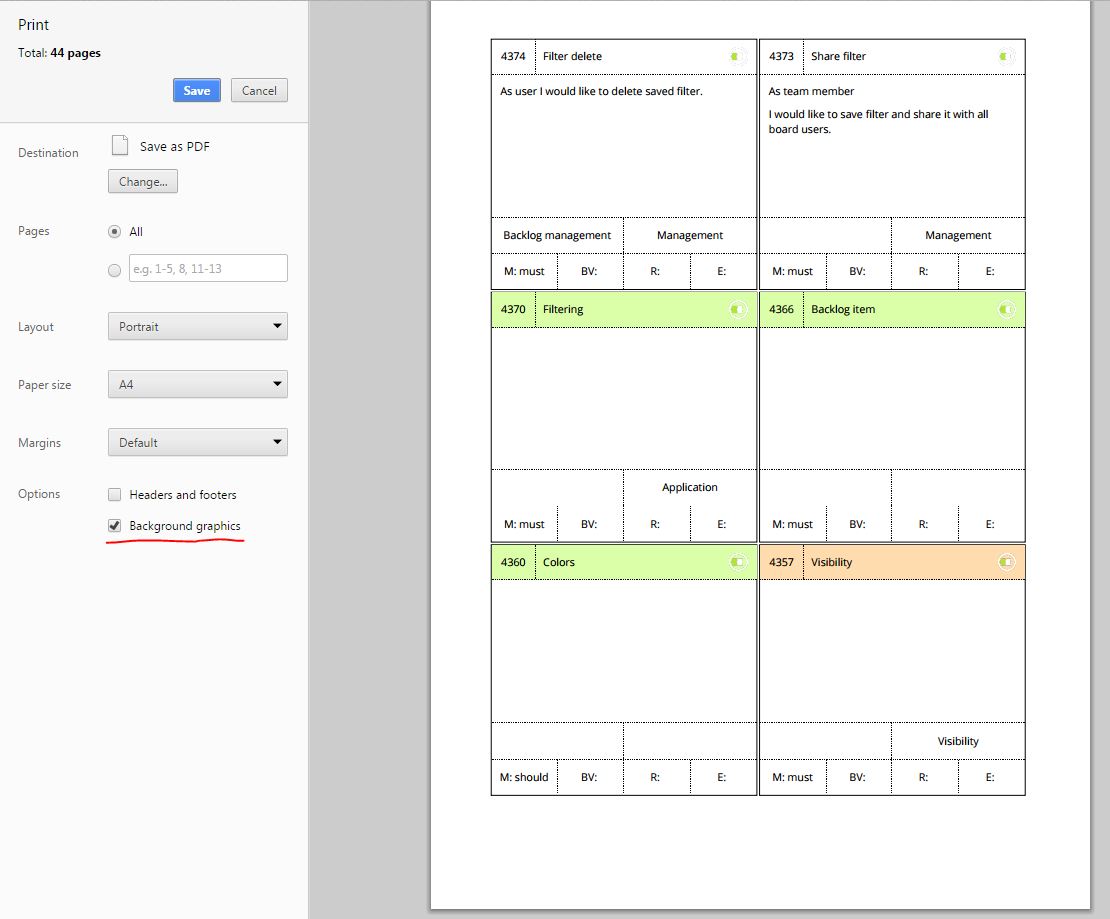 scrumdesk print product backlog user story owner scrum project management tool