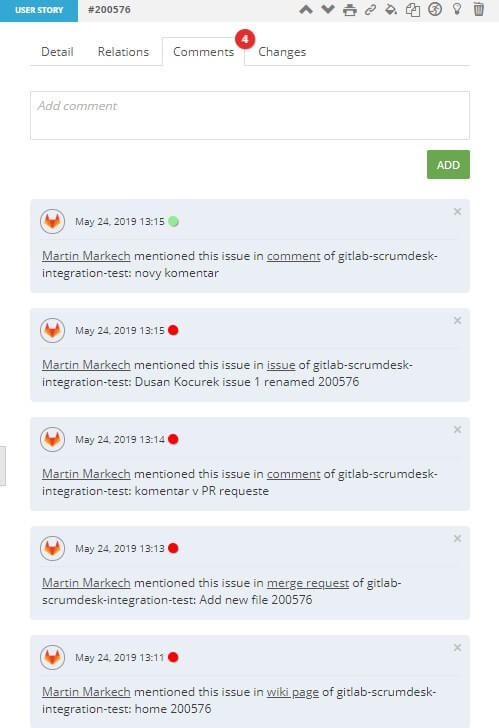 Merge request in GitLab as comment in ScrumDesk