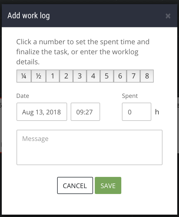 Click on numbered buttons to quickly evidence the time spent while working on a task