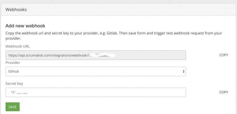 ScrumDesk GitHub webhook integration setup