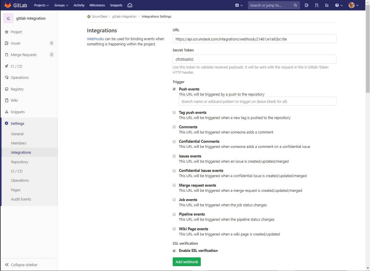 ScrumDesk GitLab integration settings in gitlab