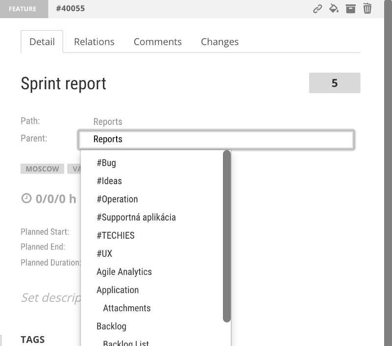 Move feature to other epic. Available in the side view details of a selected backlog item.