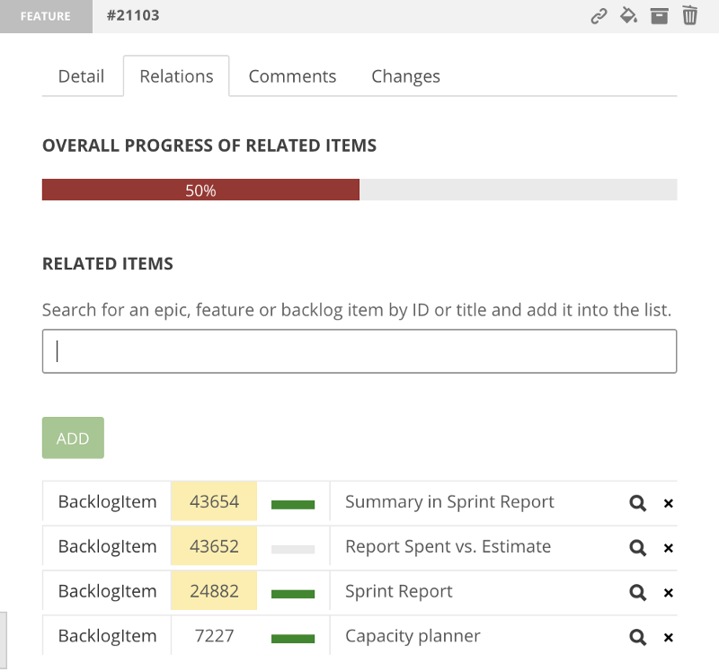 Dependencies tracking in Relation tab detail of the backlog item