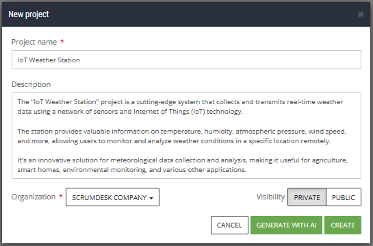 ScrumDesk generate new project with AI