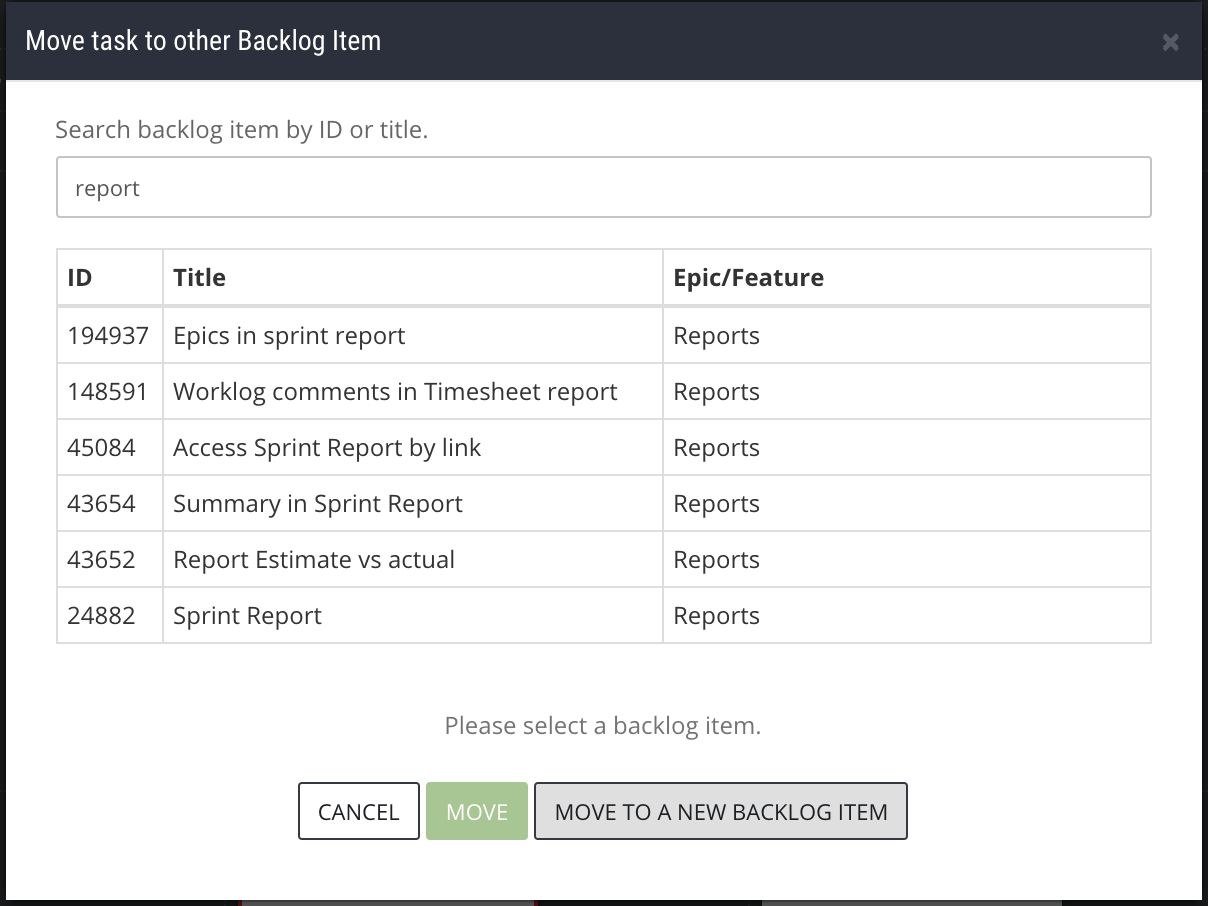 Move task to newly created backlog item