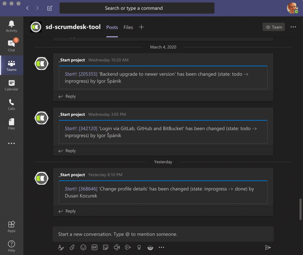 ScrumDesk notification messages in Microsoft Teams