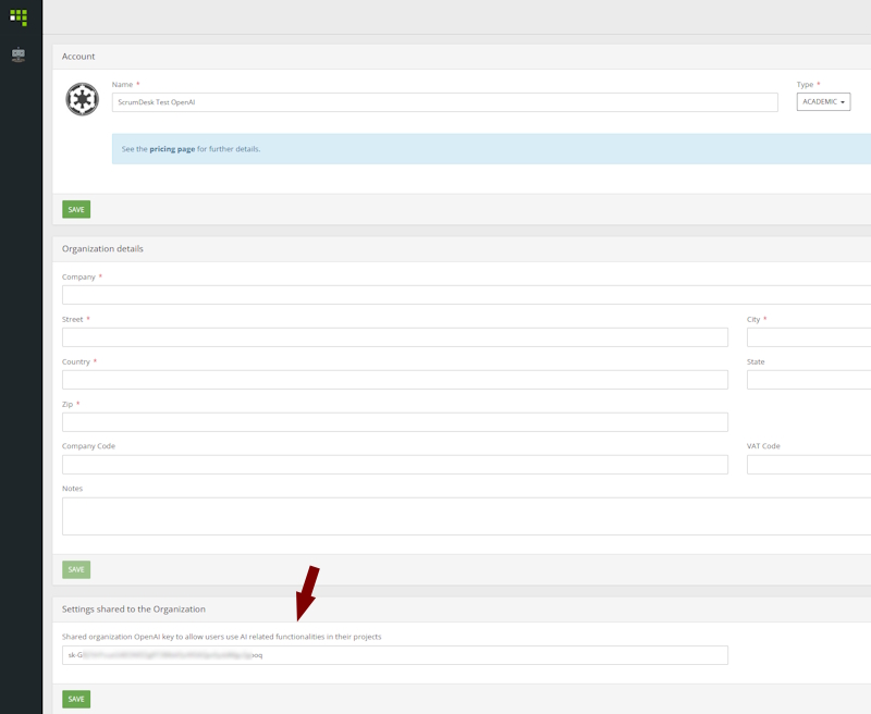 ScrumDesk organization OpenAI key