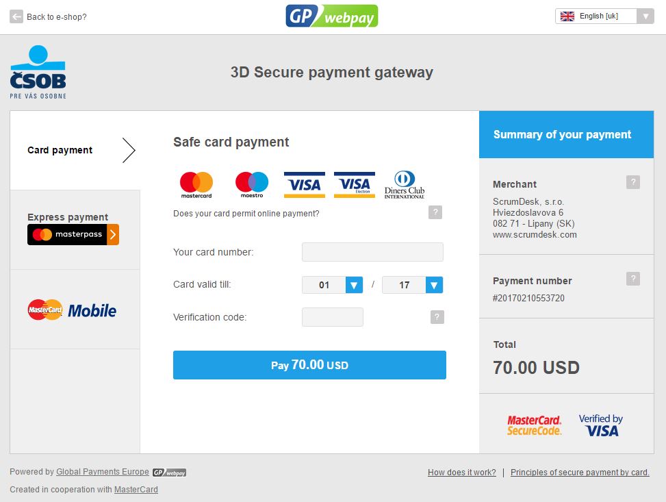 ScrumDesk 3D secure payment billing pay user license pricing