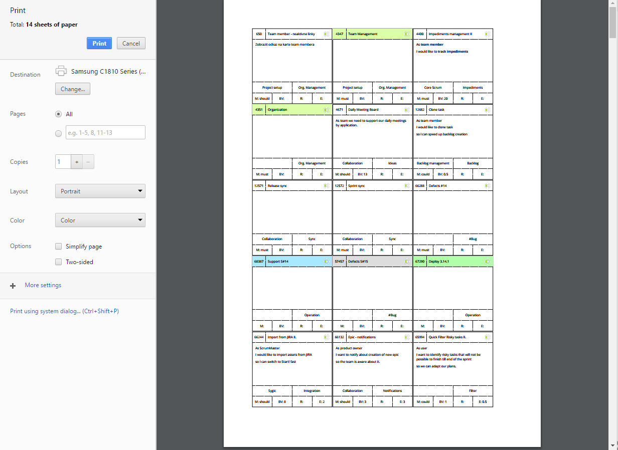 scrumdesk print product backlog product owner index card