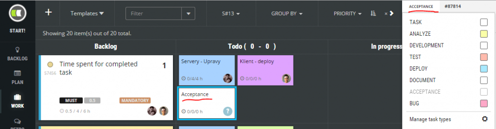 scrumdesk task type definition of done bug tracking