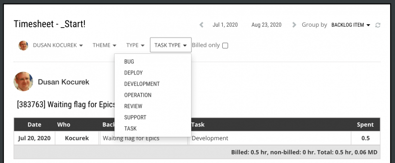 ScrumDesk timesheet report filters