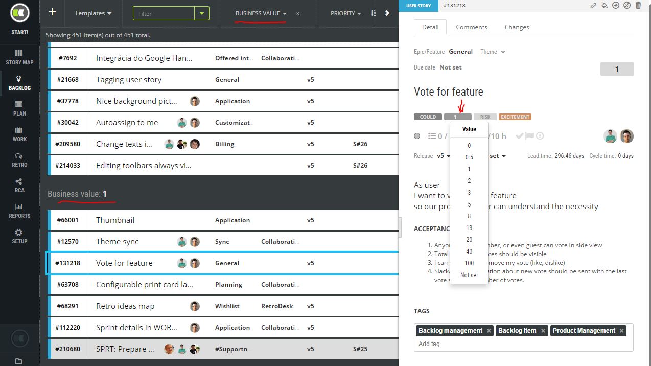 scrumdesk business value prioritization moscow detail product owner