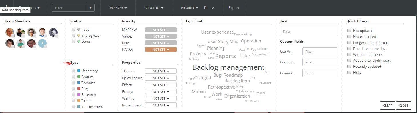 filter product backlog items based on type