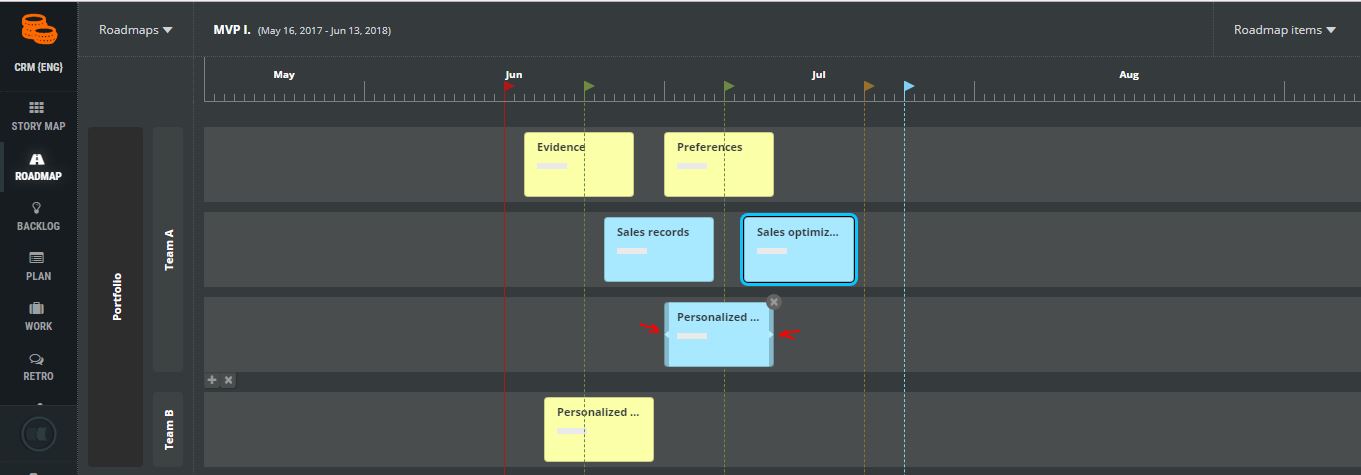 scrumdesk roadmap resize schedule replan epic feature box agile scrum project management