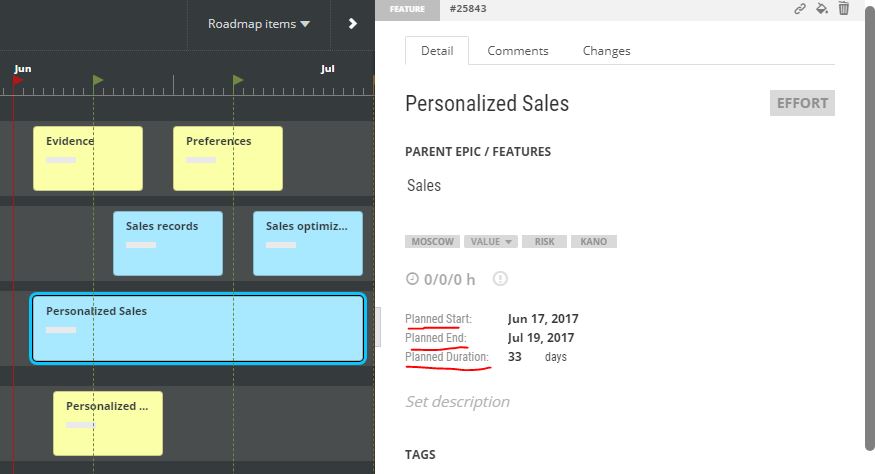 roadmap planned start end duration item feature epic scrum project mamagement