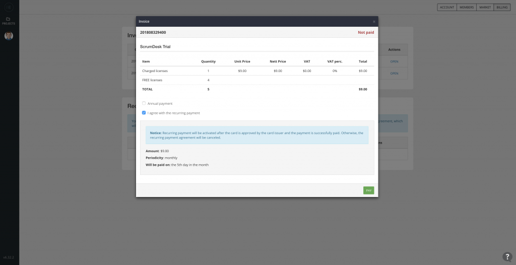 scrumdesk pay recurring payment agreement