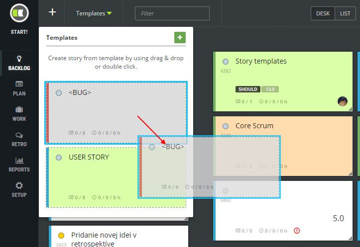 scrumdesk create backlog item from user story template product owner scrum project management tool